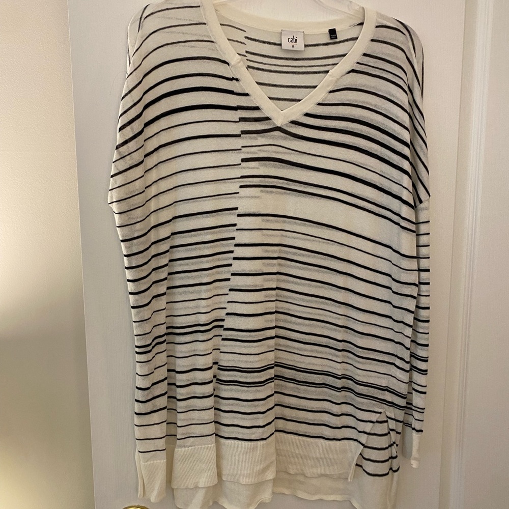 CAbi White and Black Striped V-Neck Sweater